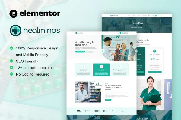 Healminos pharmacy and medical service Elementor template kit preview