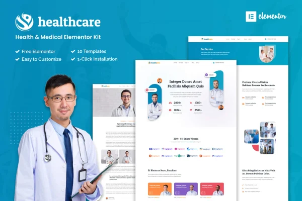 Healthcare medical Elementor template kit preview showing clinic website pages
