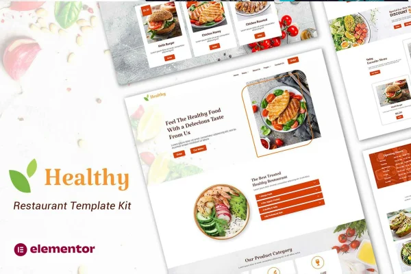 Healthy restaurant Elementor template kit cover showing website page layouts