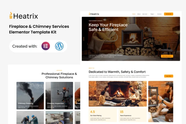 Heatrix fireplace and chimney services Elementor template kit preview