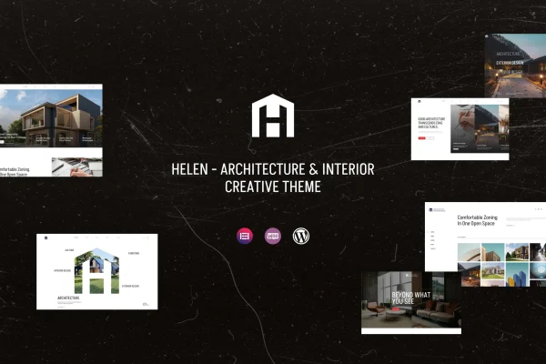 Helen architecture and interior WordPress theme preview with portfolio layout