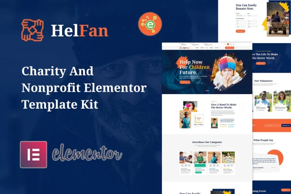 HelFan charity and nonprofit Elementor template kit page previews
