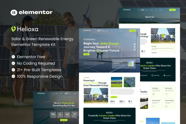 Helioxa solar and renewable energy Elementor template kit preview