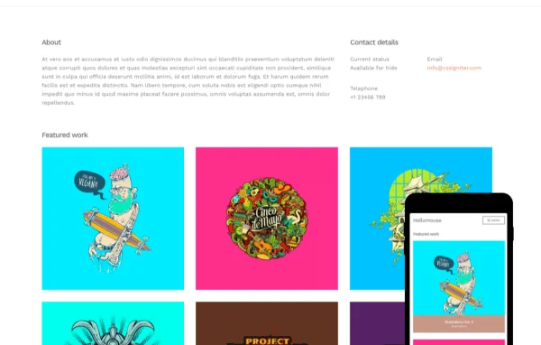Hellomouse WordPress theme preview showing a minimalist photography portfolio layout
