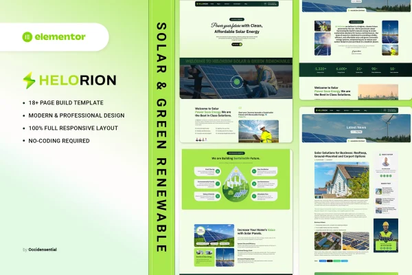 Helorion solar and renewable energy Elementor template kit preview