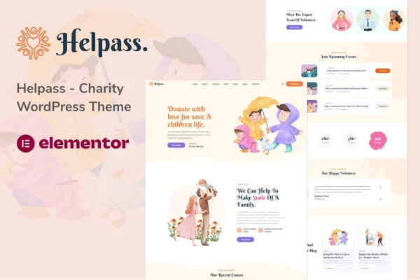Helpass charity WordPress theme preview with donation and project sections