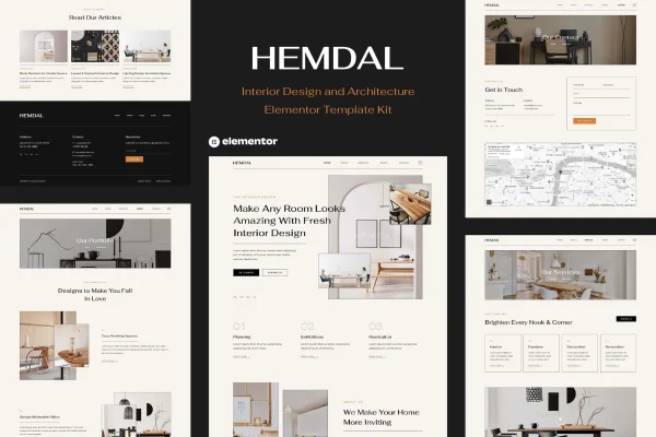 Hemdal interior design and architecture Elementor template kit preview