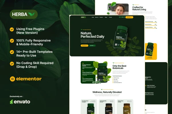 Herba herbal health and wellness Elementor template kit preview