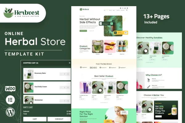 HerbVest herbal store Elementor Pro template kit preview with green, nature-inspired page designs