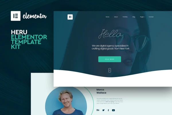 Heru creative Elementor template kit cover showing minimal portfolio page layouts