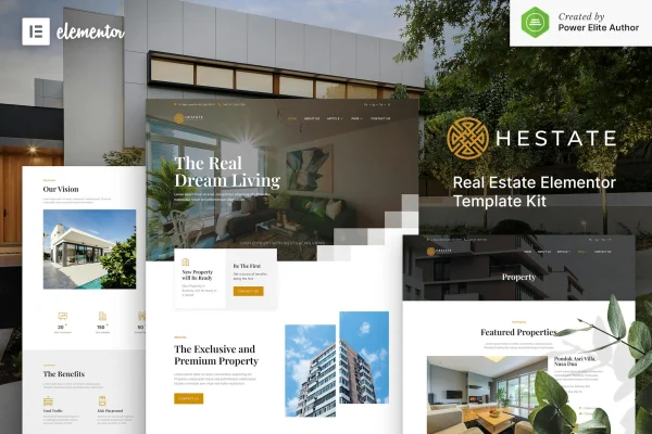 Hestate real estate Elementor template kit cover showing property website page layouts