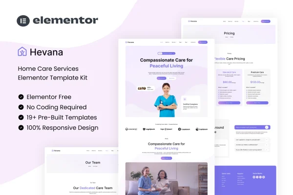 Hevana home care services Elementor template kit cover image