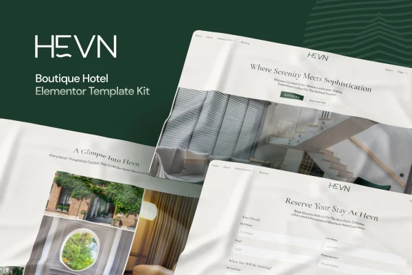 Hevn boutique hotel Elementor template kit cover showing hotel website page layouts