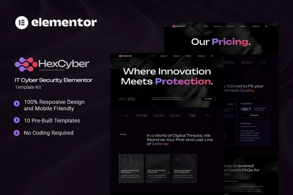 Hexcyber IT cyber security Elementor template kit cover image