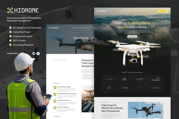 Hidrone drone aerial video and photography Elementor template kit preview