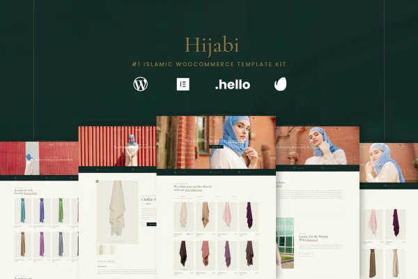 Hijabi Muslim shop Elementor template kit preview in dark green, gold and cream