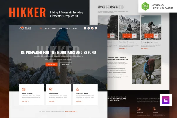 Hikker hiking and mountain trekking Elementor template kit preview