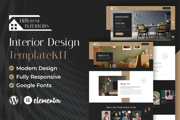 Hillcrest interior design Elementor template kit cover image