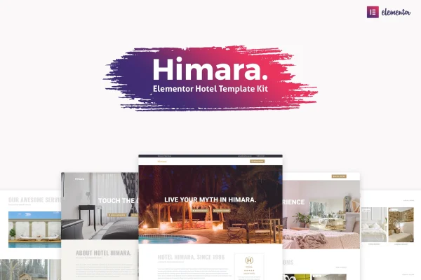 Himara hotel template kit preview showing hotel website page designs