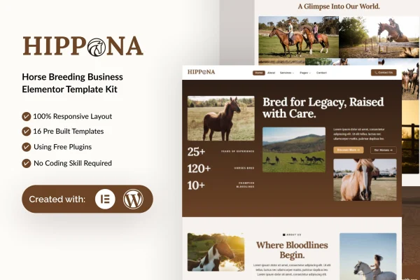 Hippona horse breeding Elementor template kit cover image