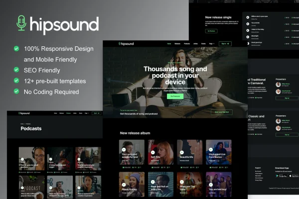 Hipsound music streaming and podcast Elementor template kit preview