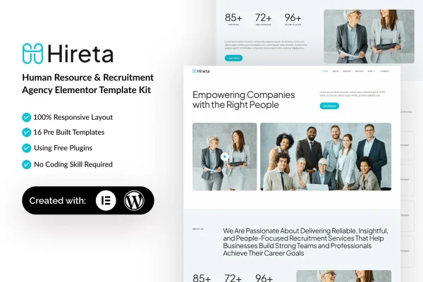Hireta human resource and recruitment agency Elementor template kit preview