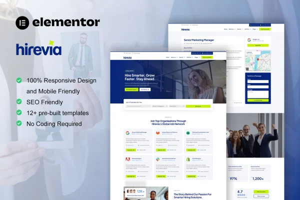 Hirevia human resource and recruitment Elementor template kit preview