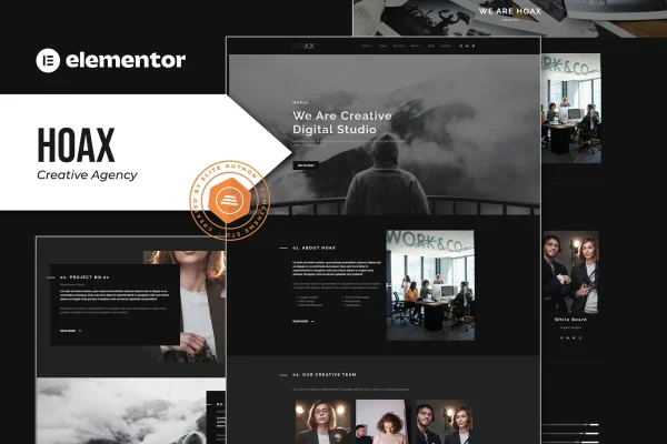 Hoax creative agency Elementor template kit preview showing homepage and portfolio layouts