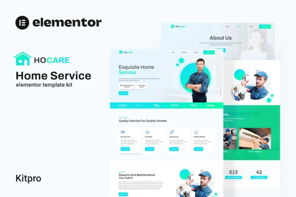 Hocare home service Elementor template kit cover showing website page layouts