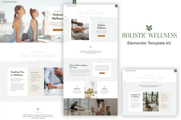Holistic Welness alternative health Elementor template kit preview with calm wellness page layouts