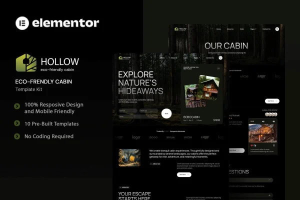 Hollow eco-friendly cabin Elementor template kit preview with nature-themed page layouts