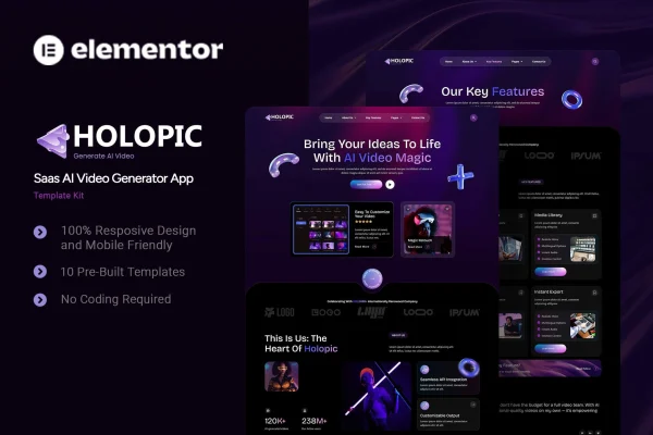 Holopic SaaS AI generator Elementor template kit preview