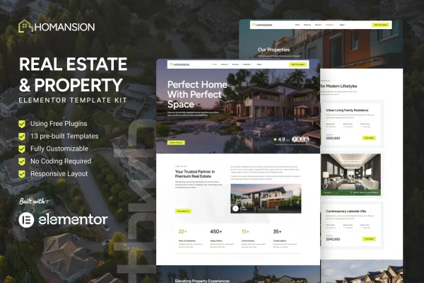 Homansion real estate Elementor template kit preview