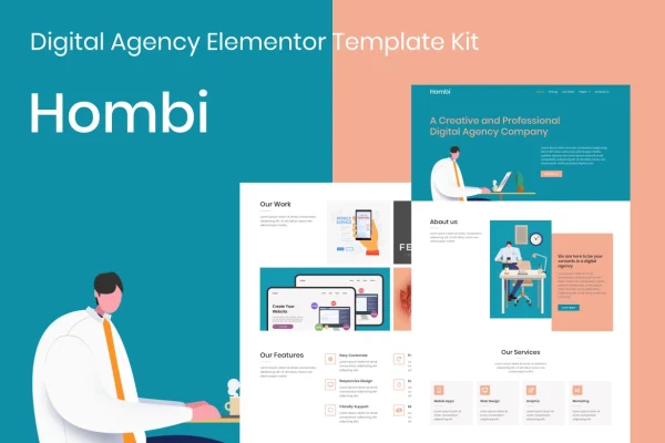 Hombi digital agency Elementor template kit cover with page layout previews