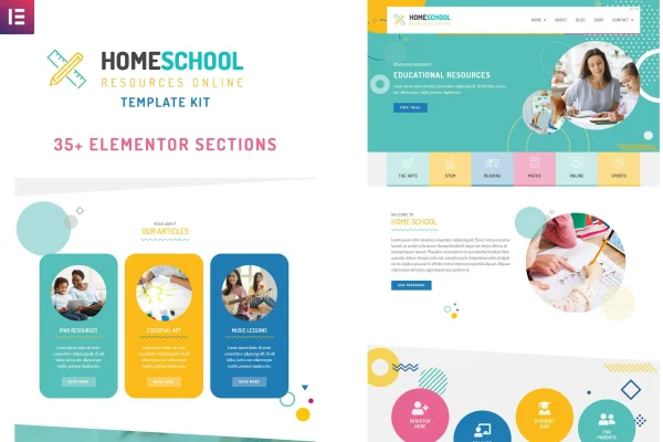 Home School Elementor template kit preview with colorful abstract shapes and education page layouts