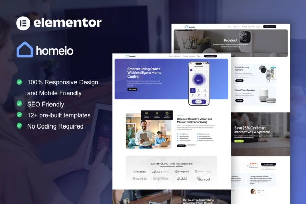 Homeio smart home and technology Elementor Pro template kit preview