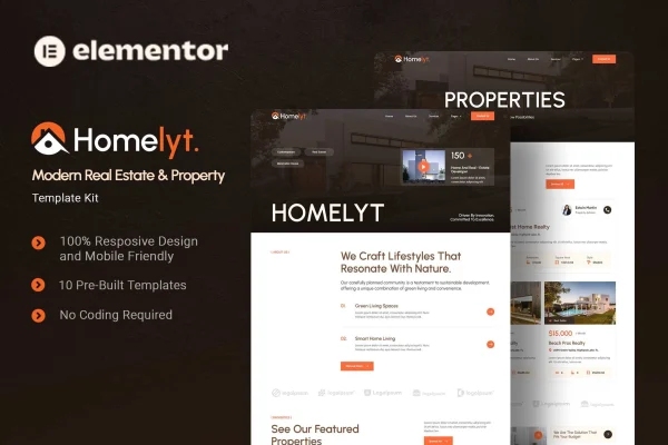Homelyt real estate Elementor template kit preview with property and agent page layouts