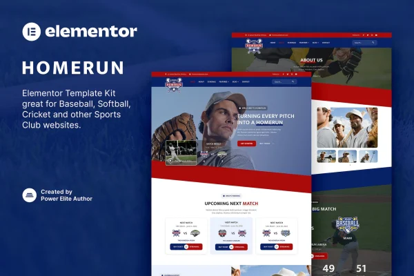 Homerun baseball team and sports club Elementor template kit cover