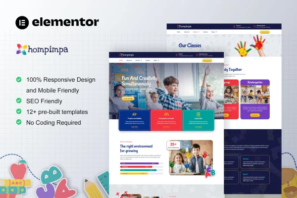 Hompimpa kindergarten and child care Elementor template kit preview