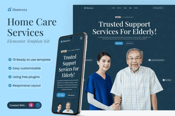 Homvera home care services Elementor template kit preview