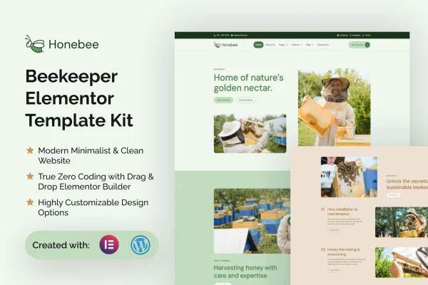 Honebee beekeeper Elementor template kit cover with bee and honey themed page designs