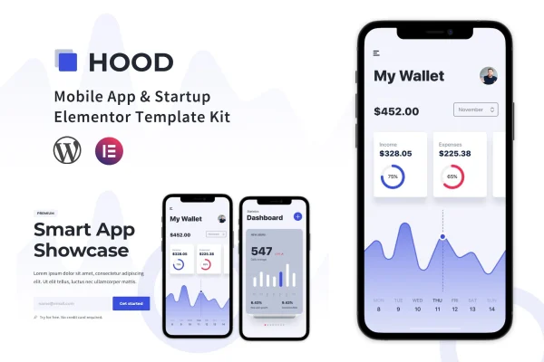 Hood mobile app and startup Elementor template kit preview
