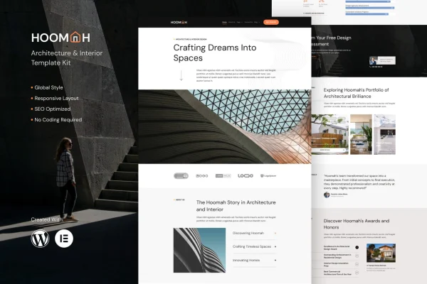 Hoomah architecture and interior design Elementor Pro template kit preview