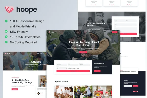 Hoope charity and donation Elementor template kit cover with nonprofit website page previews