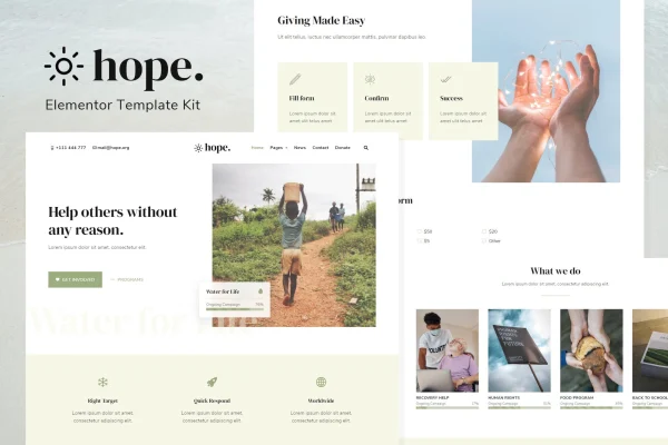 Hope non-profit Elementor template kit cover image showing charity website page layouts