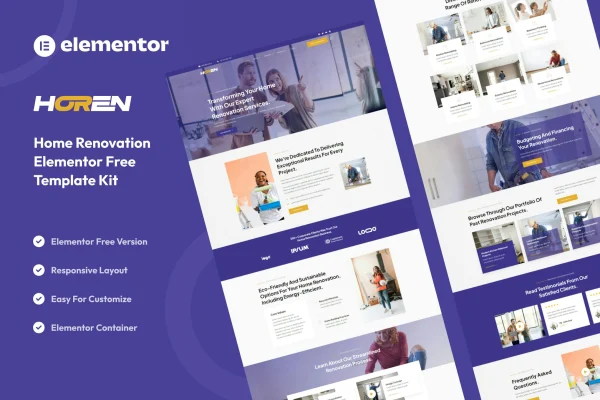 Horen home renovation services Elementor template kit preview