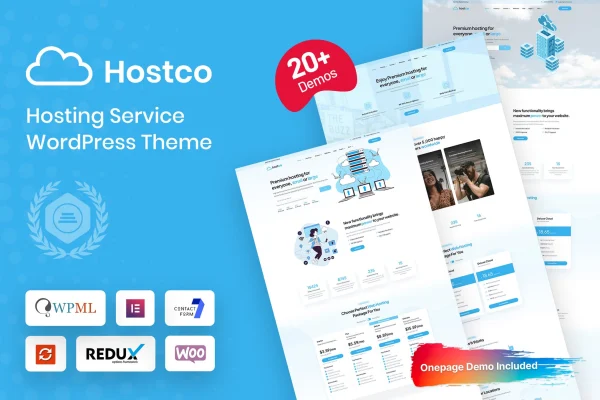 Hostco hosting service WordPress theme preview with pricing tables and domain search