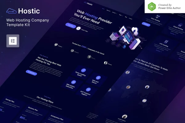 Hostic web hosting Elementor template kit cover with dark style page layouts