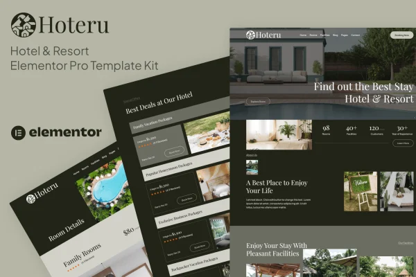 Hoteru hotel and resort Elementor Pro template kit preview