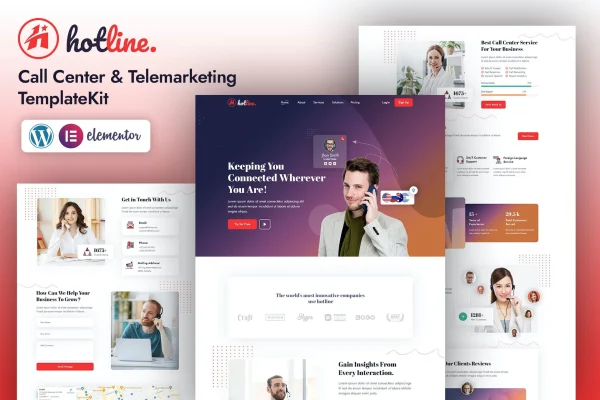 Hotline call center and telemarketing Elementor template kit preview